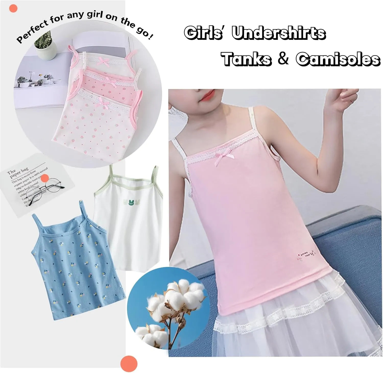 2-10 Years Little Girls Camisole Soft Tagless Cami Kids Breathable Undershirts Cotton Tank Top 5 Pack