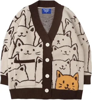 Aelfric Eden Women Cardigan Sweater Cat Cartoon Graphic Open Front V Neck Oversized Knit Casual Coat 2025 Outfits