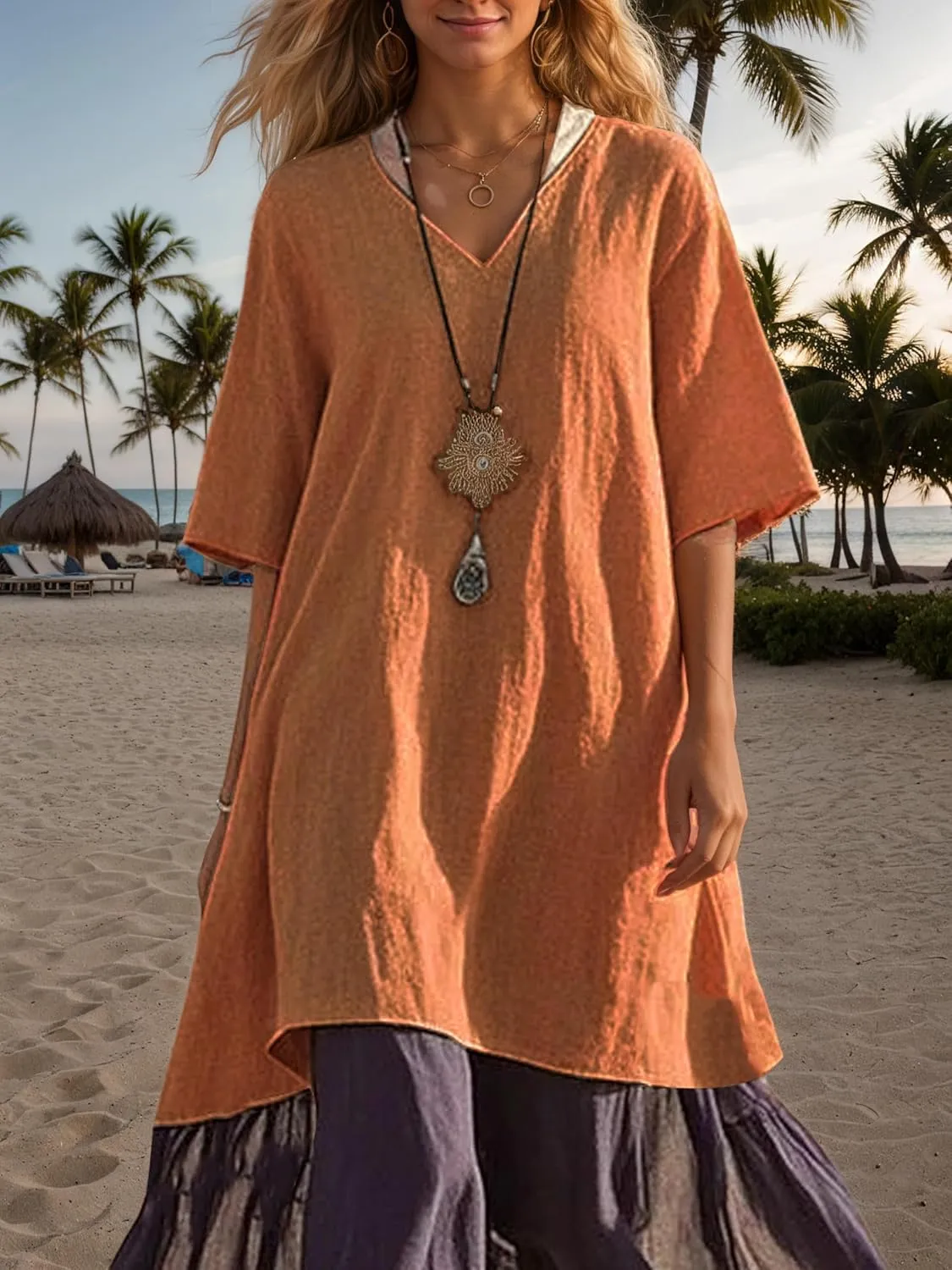 Akivide Women's Summer Cotton Linen Dress V Neck Short Sleeve Patchwork Flowy Casual Beach Vacation Midi Dresses