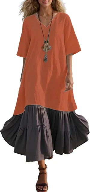 Akivide Women's Summer Cotton Linen Dress V Neck Short Sleeve Patchwork Flowy Casual Beach Vacation Midi Dresses