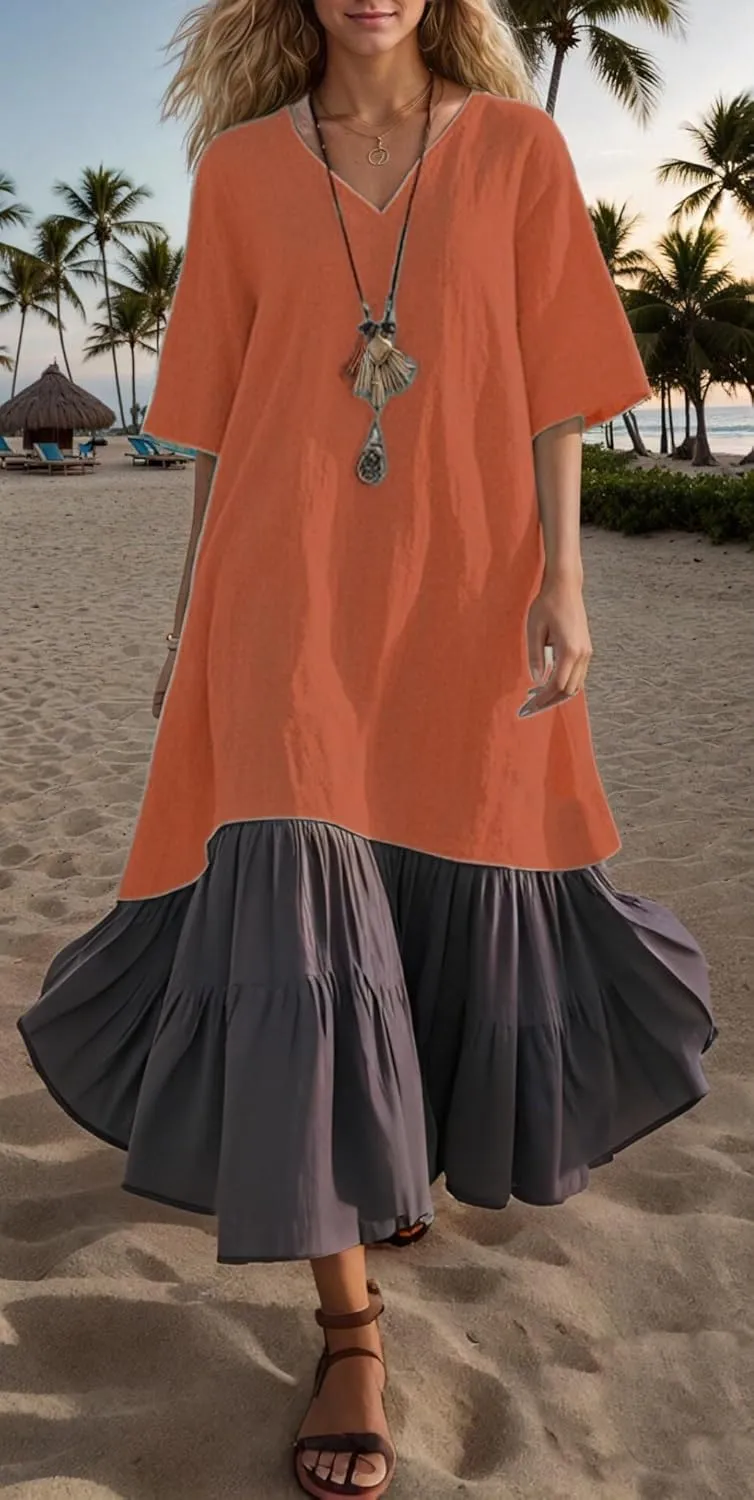 Akivide Women's Summer Cotton Linen Dress V Neck Short Sleeve Patchwork Flowy Casual Beach Vacation Midi Dresses