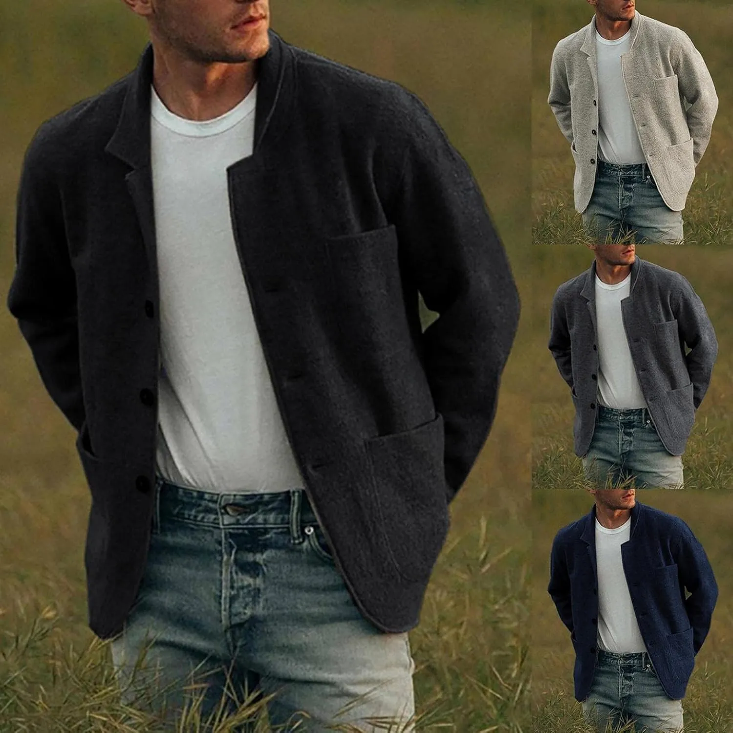 AKIWOS Men's Short Trench Coat Casual Wool Blend Notched Lapel Single Breasted Solid Winter Warm Pea Coats Jackets