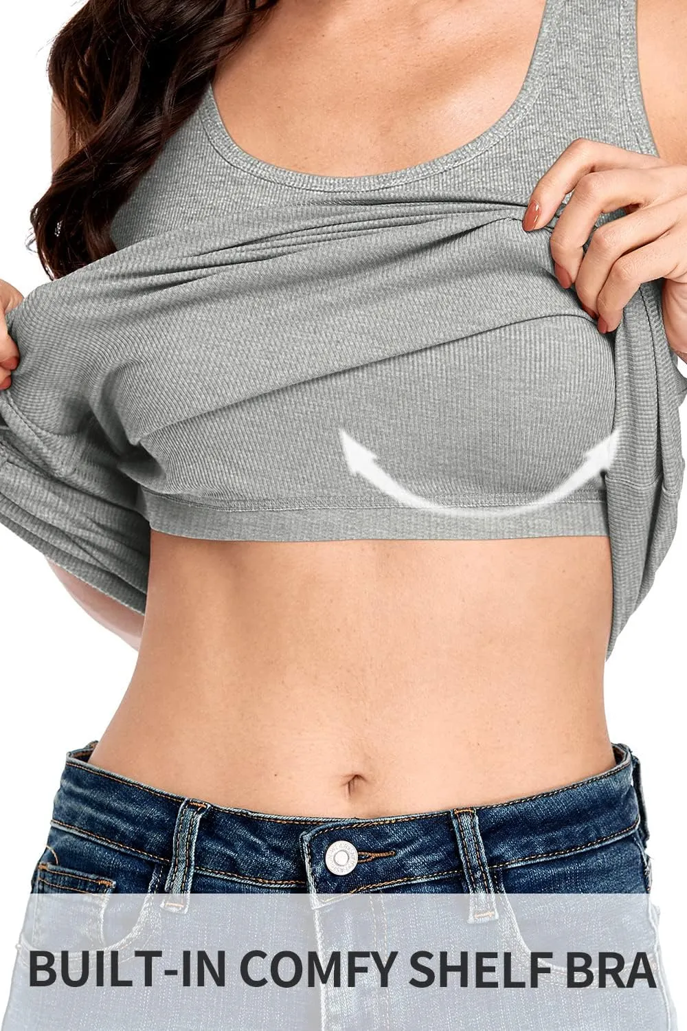 ALove Womens Extra Long Tank Tops with Shelf Bra Ribbed Camisoles Undershirts