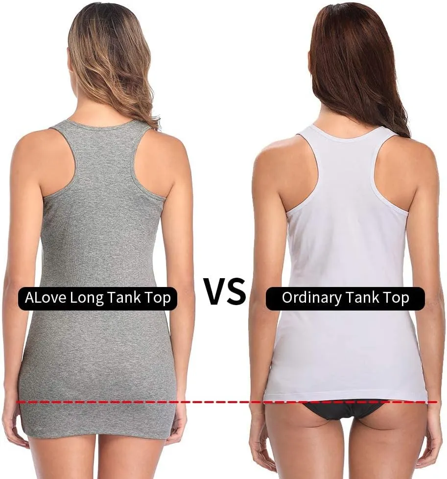 ALove Womens Extra Long Tank Tops with Shelf Bra Ribbed Camisoles Undershirts