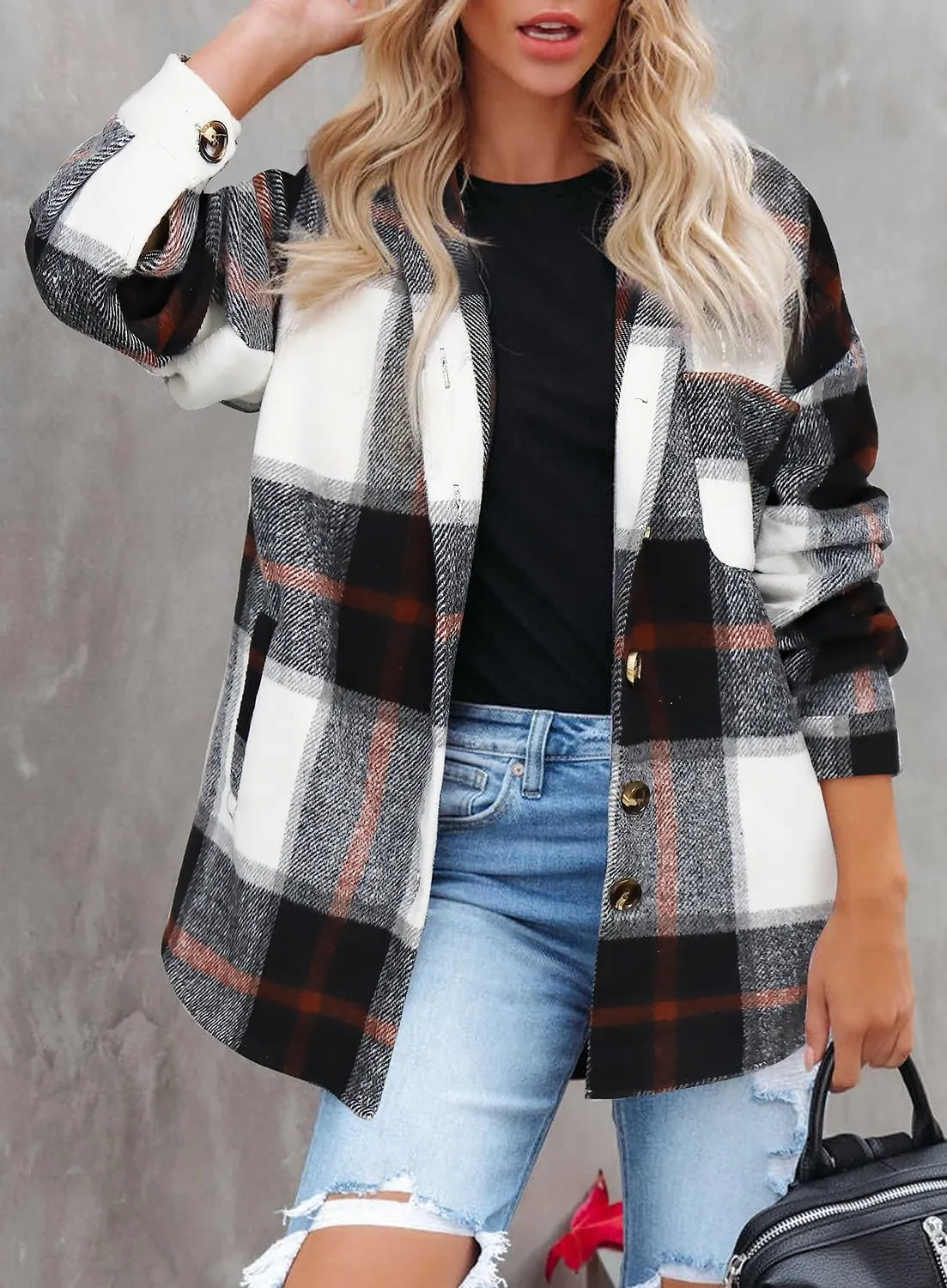 Beaully Women's 2024 Fall Clothes Plaid Shacket Jacket Long Sleeve Button Down Flannel Shirts Fashion Jacket