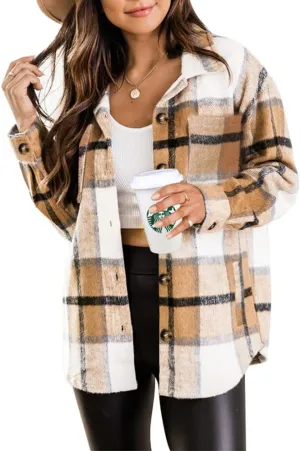 Beaully Women's 2024 Fall Clothes Plaid Shacket Jacket Long Sleeve Button Down Flannel Shirts Fashion Jacket