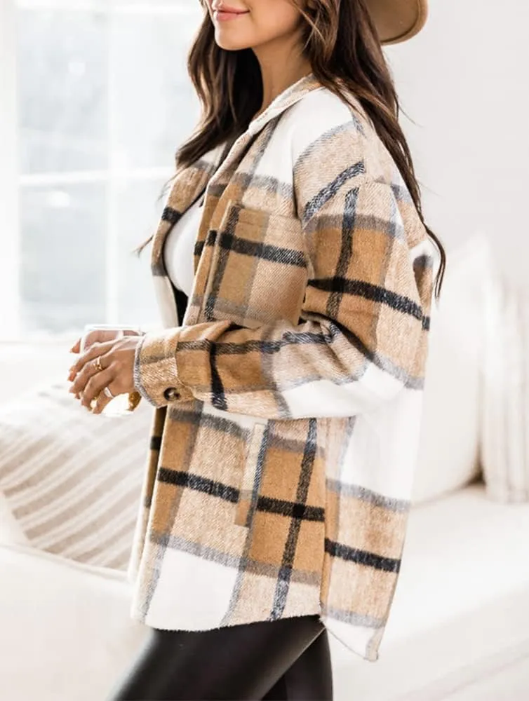 Beaully Women's 2024 Fall Clothes Plaid Shacket Jacket Long Sleeve Button Down Flannel Shirts Fashion Jacket