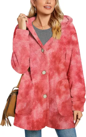 Bestbee Warm Fleece Jackets for Women, Plus Size Fuzzy Hooded Casual Coats Lidies 2024 Cardigan Sweaters Outerwear with Pockets, 2XL, Tie-dye Color Red