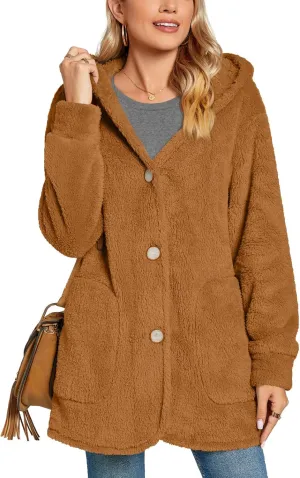 Bestbee Warm Fleece Jackets for Women, Plus Size Fuzzy Hooded Casual Coats Lidies 2024 Cardigan Sweaters Outerwear with Pockets, 3XL, Caramel