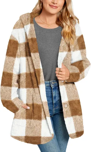 Bestbee Warm Fleece Jackets for Women, Plus Size Fuzzy Hooded Casual Coats Lidies 2024 Cardigan Sweaters Outerwear with Pockets, XL, Coffee Plaid