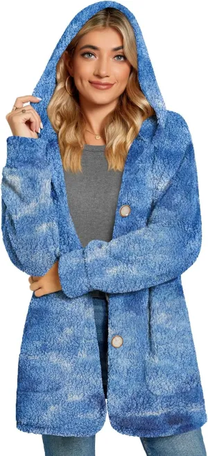 Bestbee Warm Fleece Jackets for Women, Plus Size Fuzzy Hooded Casual Coats Lidies 2024 Cardigan Sweaters Outerwear with Pockets, XL, Tie-dye Blue