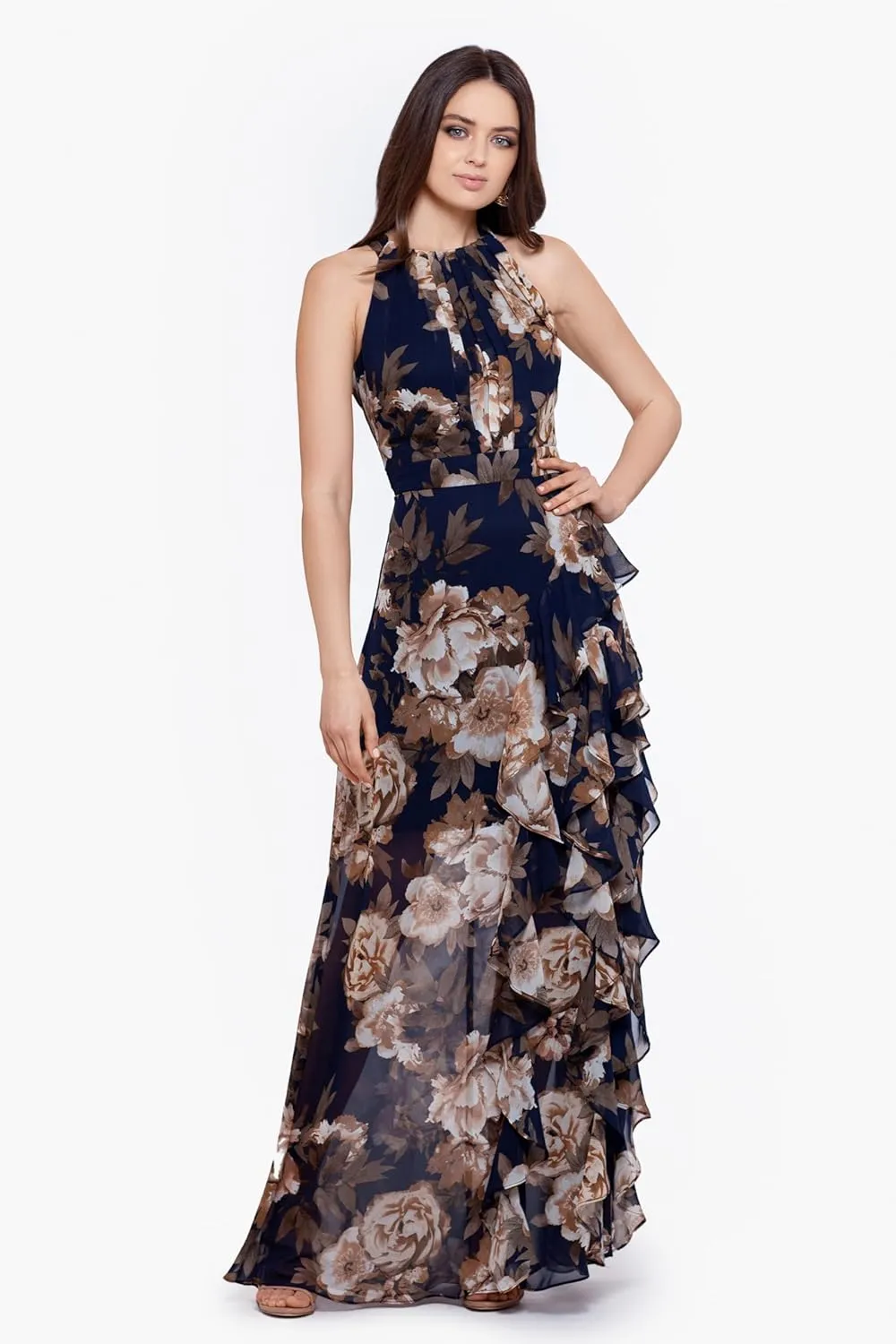 Betsy & Adam Women's Elegant Long Chiffon Floral Dress with Ruffle Detail and Tie Neck