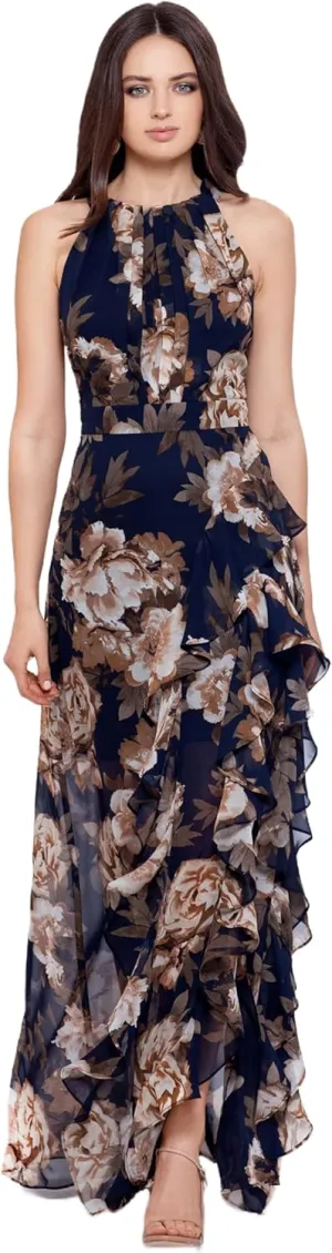 Betsy & Adam Women's Elegant Long Chiffon Floral Dress with Ruffle Detail and Tie Neck