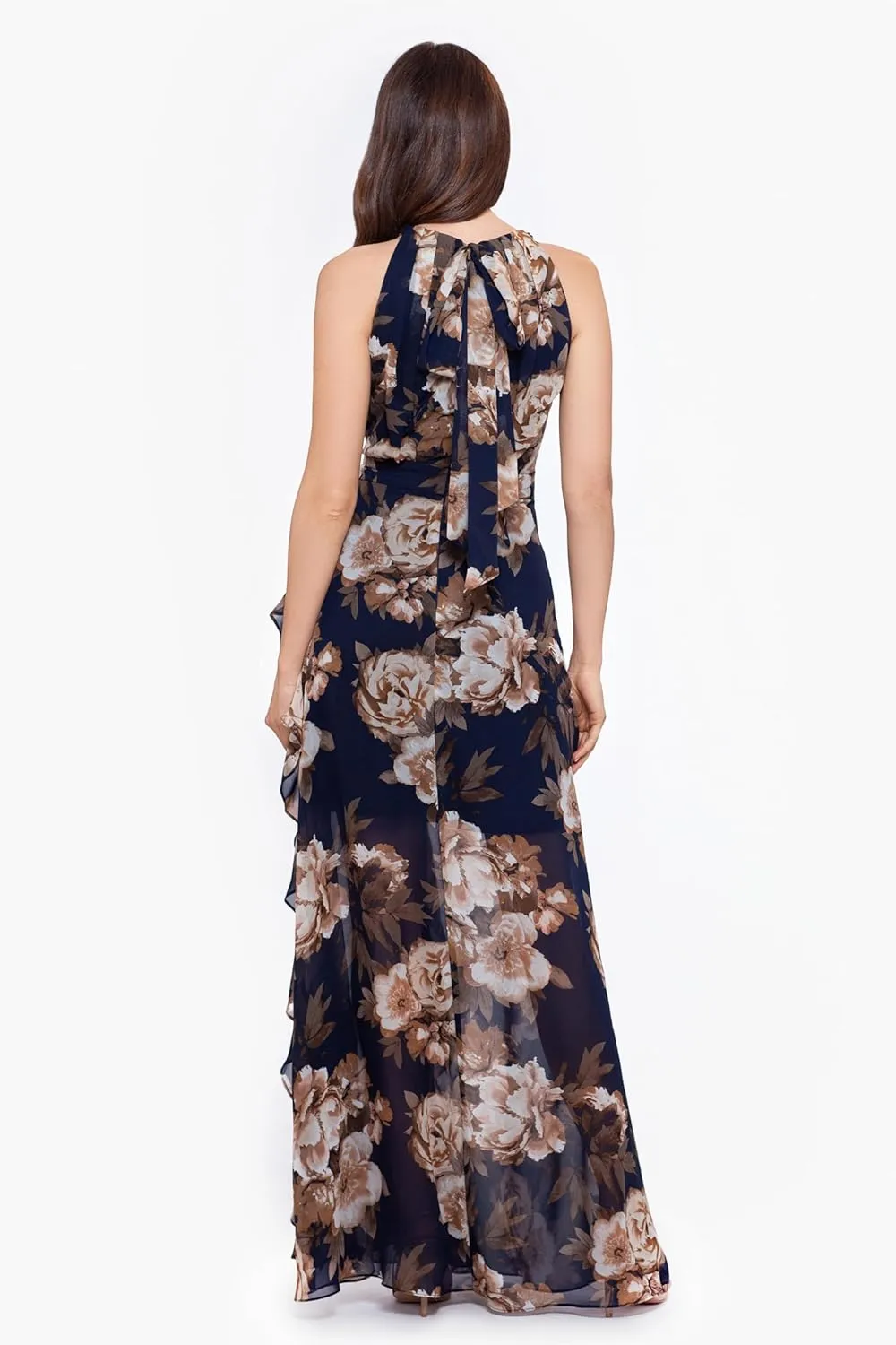 Betsy & Adam Women's Elegant Long Chiffon Floral Dress with Ruffle Detail and Tie Neck