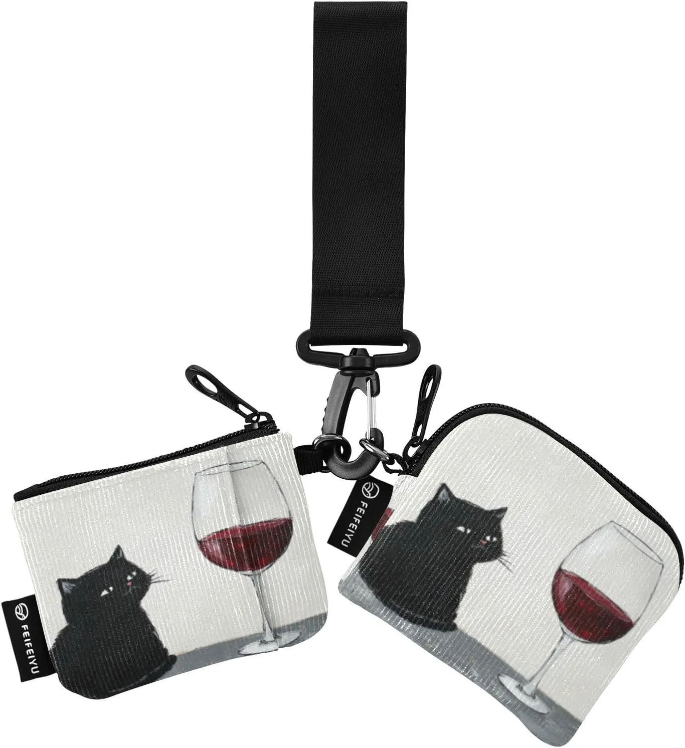 Black Cat Wineglass Neutral Dual Pouch Wristlet Portable Keychain Wallet Detachable Coin Purse Pouch with Zipper Novelty Purse for Women Sports Travel Outdoors