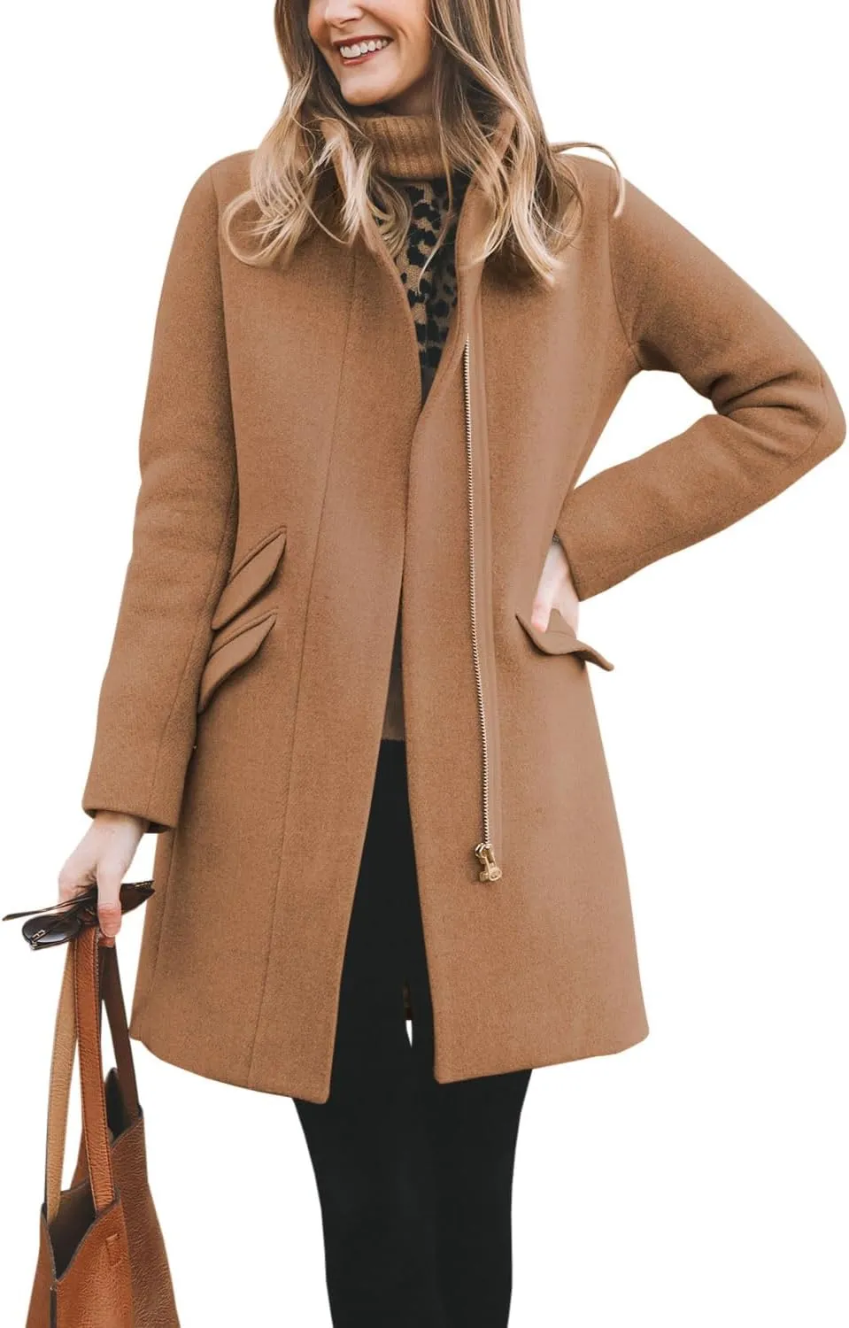 BZB Womens Long Coat Classic Open Front Zip Up Casual Winter Wool Blend Over Pea Coats Long Jackets