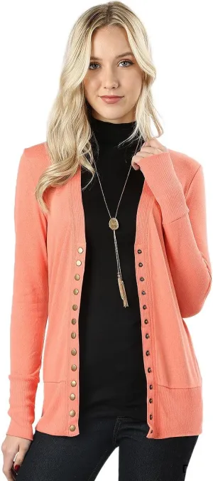 Cardigans for Women Long Sleeve Cardigan Knit Snap Button Sweater Regular & Plus - Coral (2X)