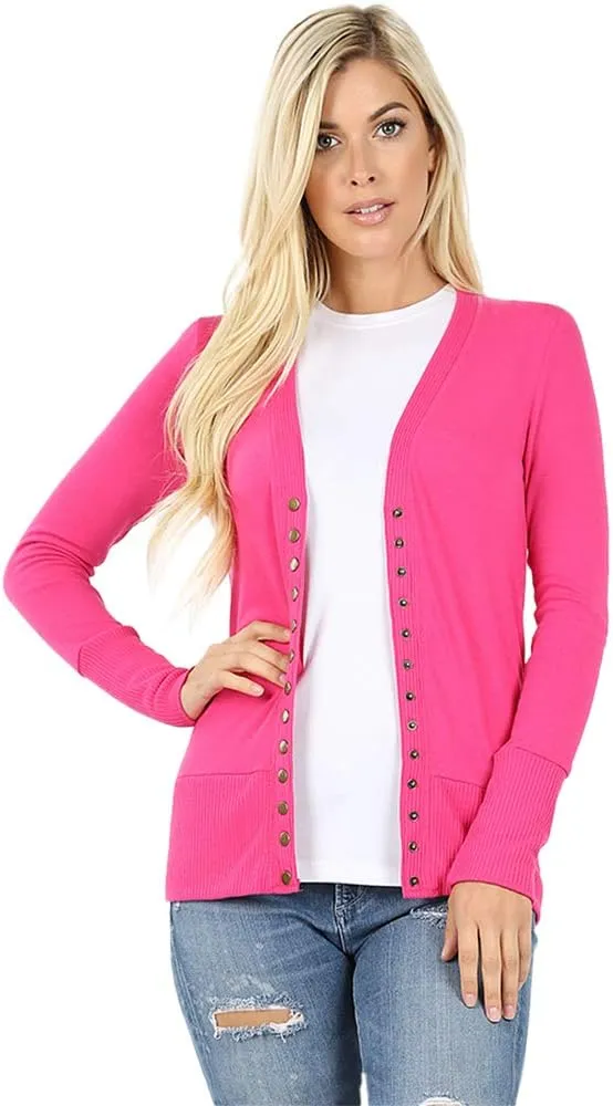 Cardigans for Women Long Sleeve Cardigan Knit Snap Button Sweater Regular & Plus - Hot Pink (2X)