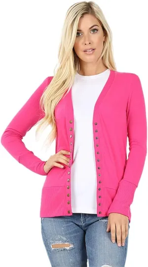 Cardigans for Women Long Sleeve Cardigan Knit Snap Button Sweater Regular & Plus - Hot Pink (2X)