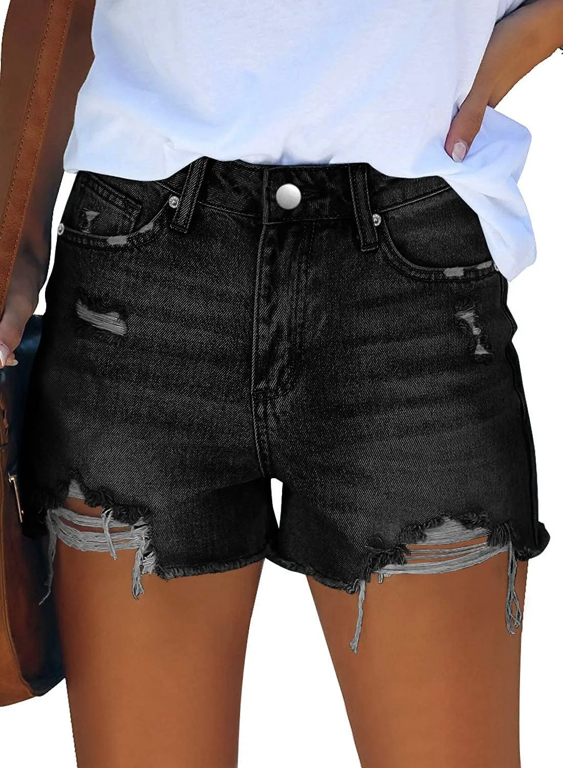 CHICZONE Womens Mid-High Waisted Ripped Denim Jean Shorts Cutoff Stretchy Summer Hot Short Pants