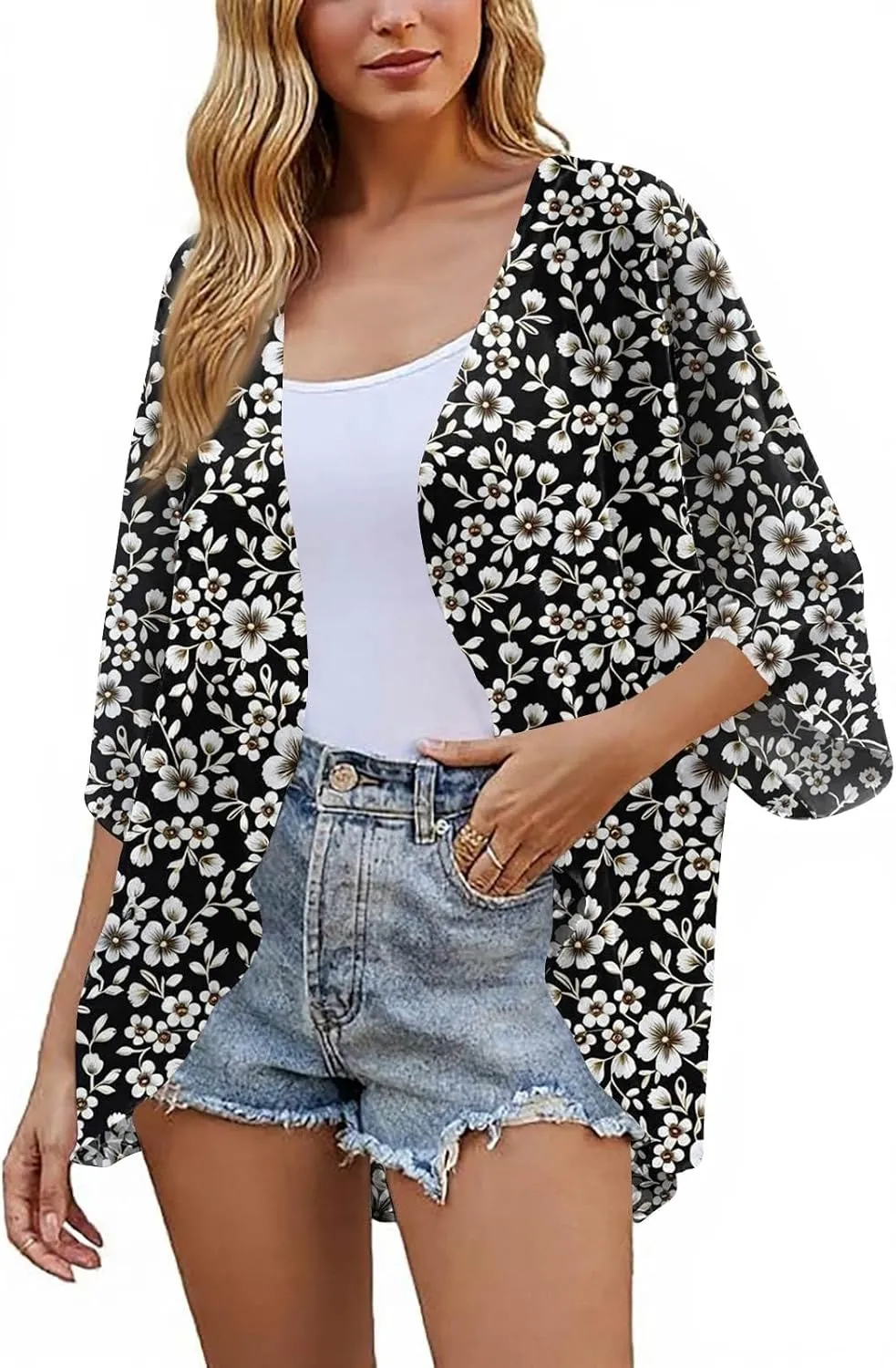 COTECRAM Kimonos for Women Boho Floral Chiffon Short Sleeve Cardigans Lightweight Summer Tops Casual Loose Beach Cover Ups