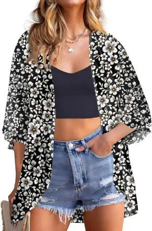 COTECRAM Kimonos for Women Boho Floral Chiffon Short Sleeve Cardigans Lightweight Summer Tops Casual Loose Beach Cover Ups