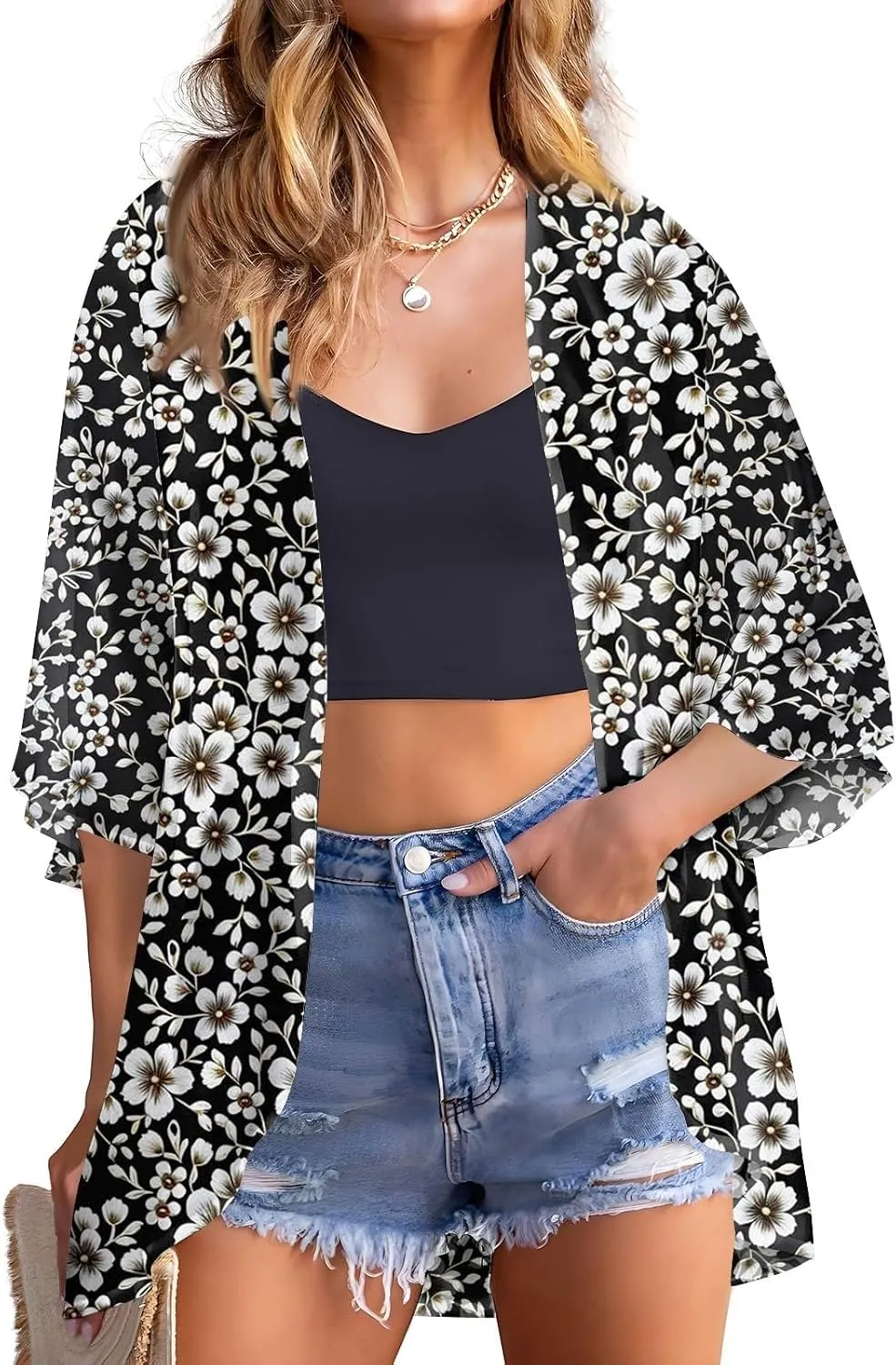 COTECRAM Kimonos for Women Boho Floral Chiffon Short Sleeve Cardigans Lightweight Summer Tops Casual Loose Beach Cover Ups