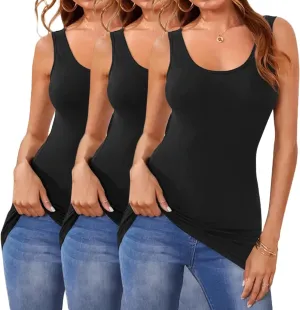 Cotton Long Tank Tops for Women Stretchy Sleeveless Layering Camisole Undershirts Running Yoga 3 Packs