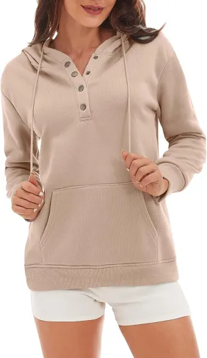 CRNTCEM Womens Button Up Hoodie Sweatshirts V Neck Casual Loose Long Sleeve Drawstring Oversized Pullover Tops with Pockets