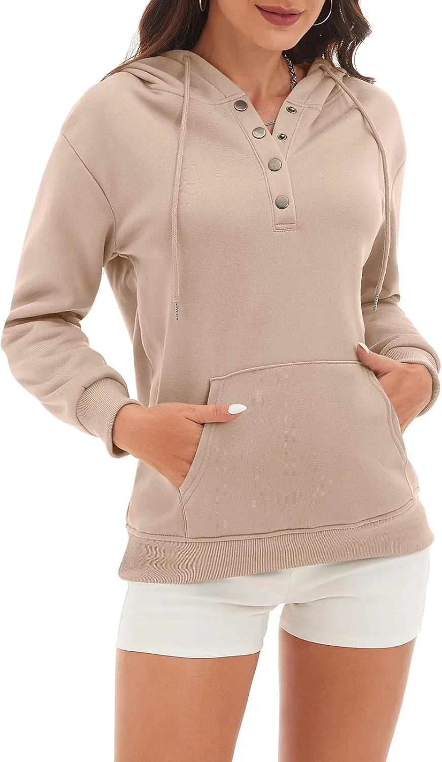 CRNTCEM Womens Button Up Hoodie Sweatshirts V Neck Casual Loose Long Sleeve Drawstring Oversized Pullover Tops with Pockets