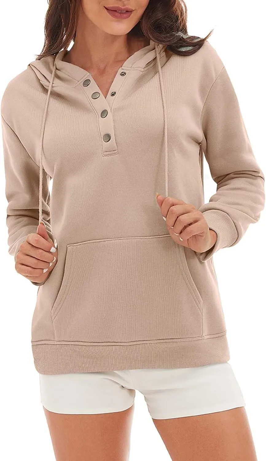 CRNTCEM Womens Button Up Hoodie Sweatshirts V Neck Casual Loose Long Sleeve Drawstring Oversized Pullover Tops with Pockets
