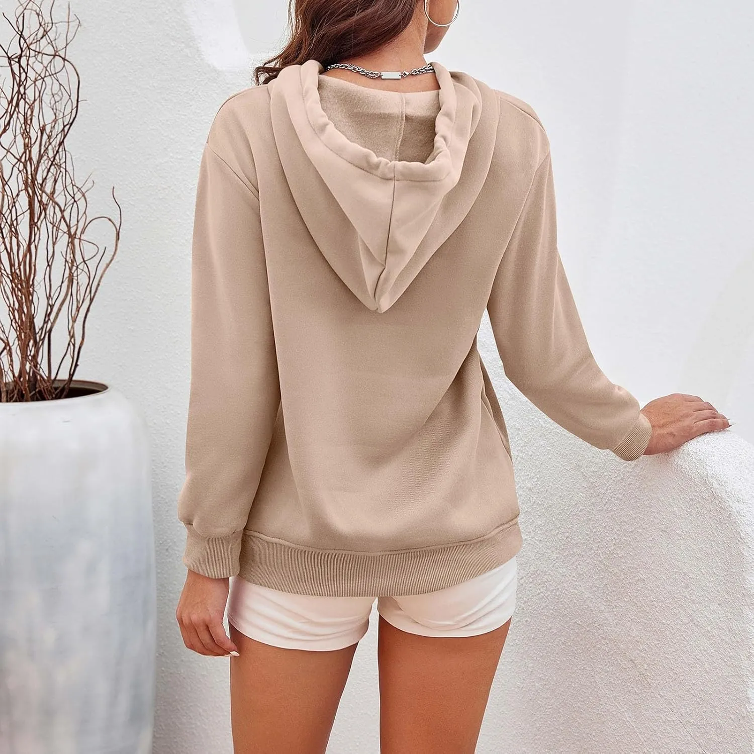CRNTCEM Womens Button Up Hoodie Sweatshirts V Neck Casual Loose Long Sleeve Drawstring Oversized Pullover Tops with Pockets