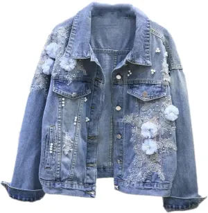 Dawery Spring Autumn Vintage Women Short Denim Jacket Embroidery Flower Jeans Jacket Female Hole Outerwear