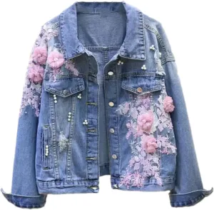 Dawery Spring Autumn Vintage Women Short Denim Jacket Embroidery Flower Jeans Jacket Female Hole Outerwear