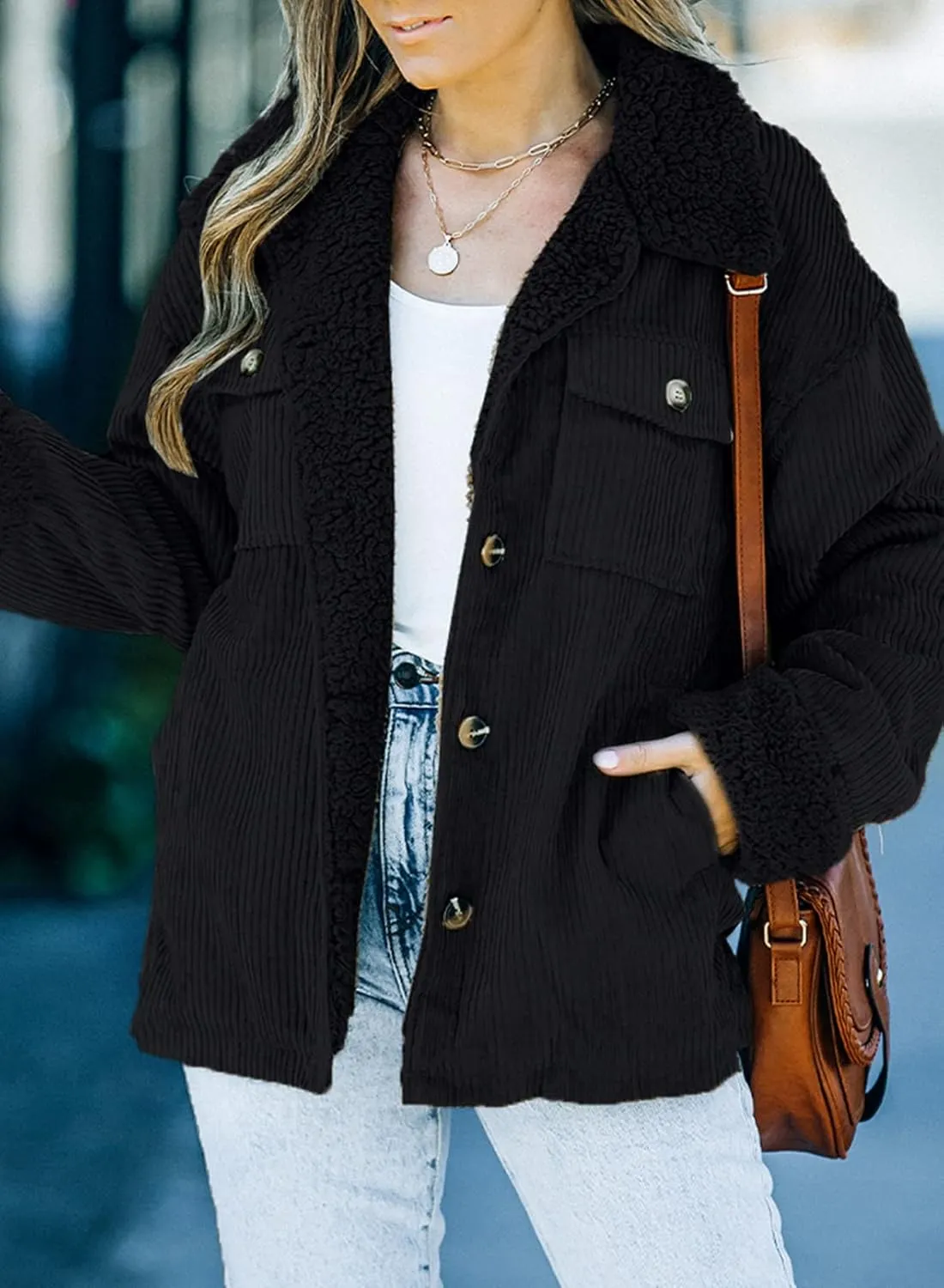 Dokotoo Corduroy Sherpa Jacket for Women Button Down Fleece Fur Collar Winter Warm Coat