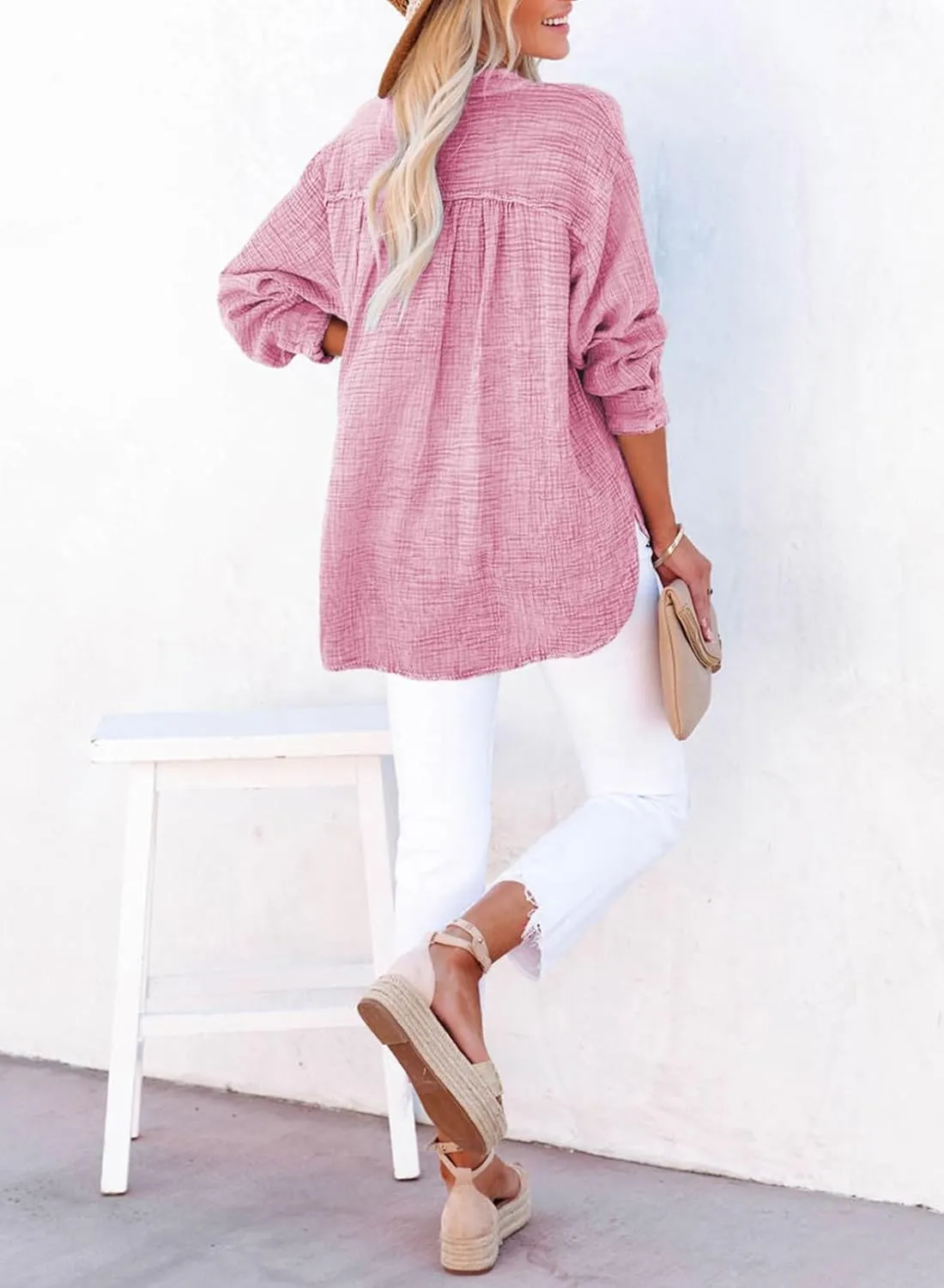Dokotoo Womens Casual Button V Neck Long Sleeve Shirts Oversized Solid Blouses Tops