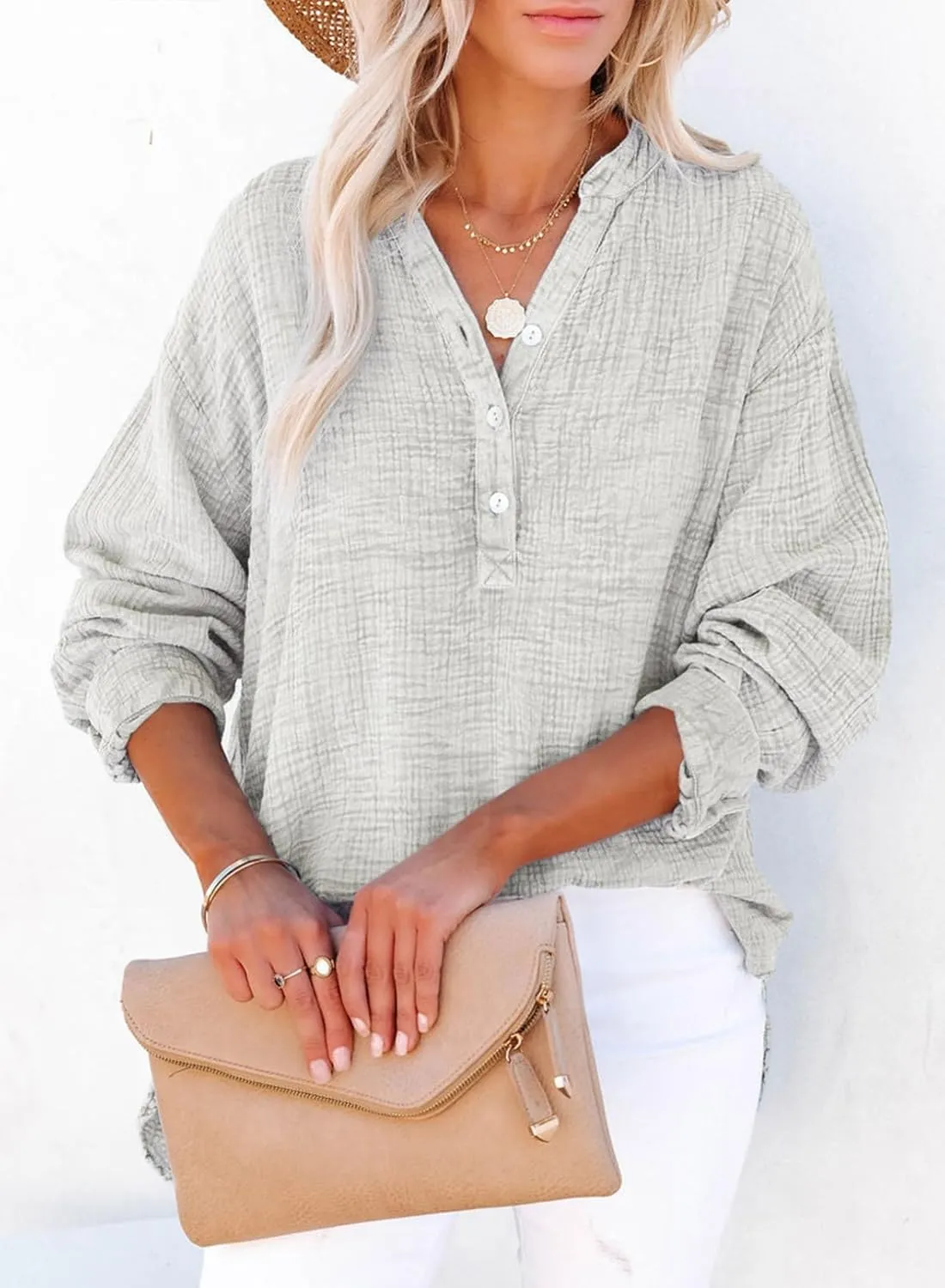 Dokotoo Womens Casual Button V Neck Long Sleeve Shirts Oversized Solid Blouses Tops