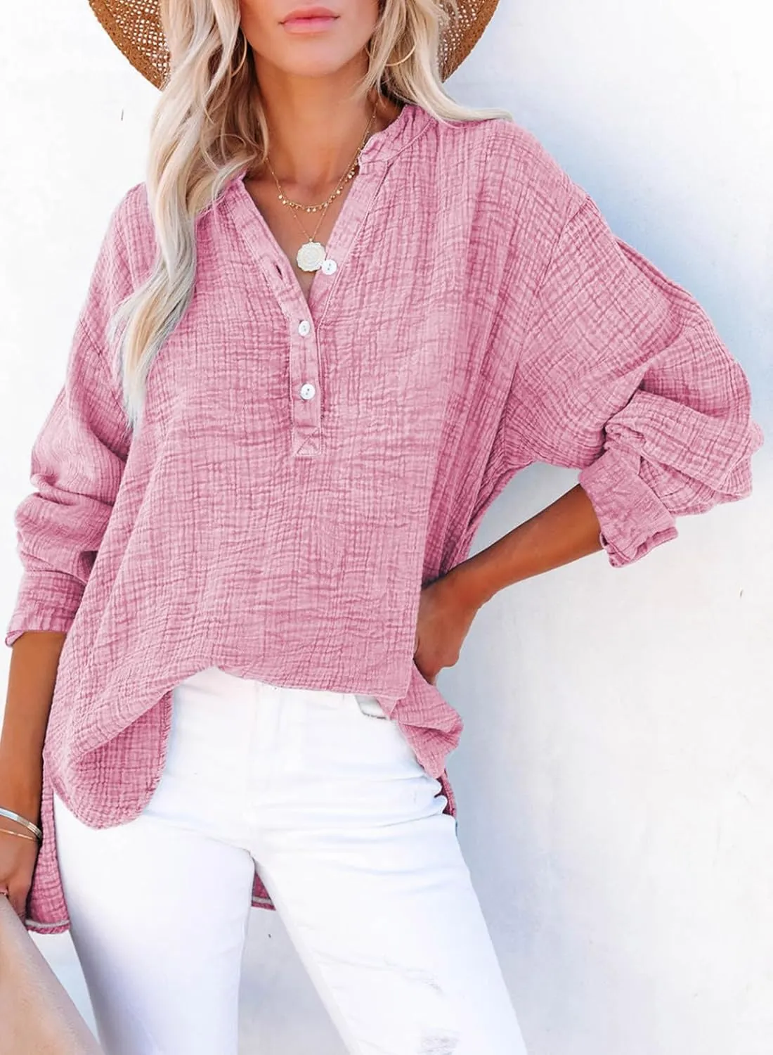 Dokotoo Womens Casual Button V Neck Long Sleeve Shirts Oversized Solid Blouses Tops