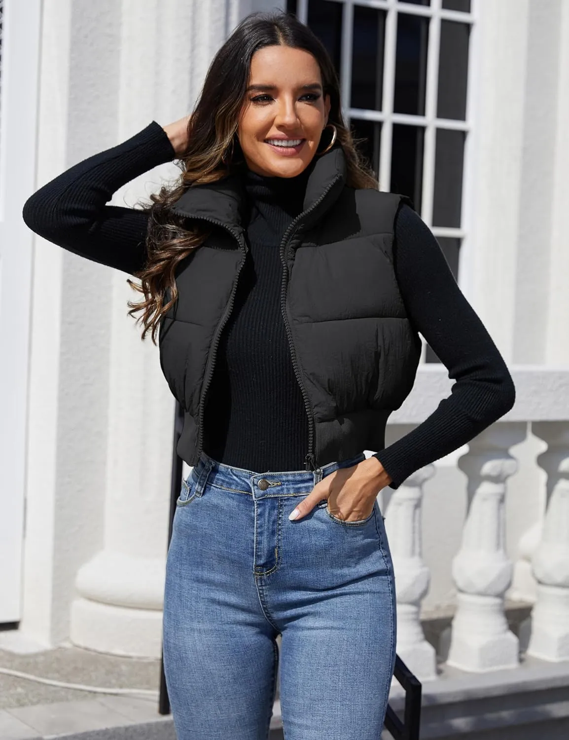 Dqbeng Cropped Puffer Vest Women Zip Up Stand Collar Sleeveless Outerwear Padded Crop Puffy Vests