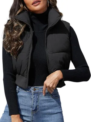 Dqbeng Cropped Puffer Vest Women Zip Up Stand Collar Sleeveless Outerwear Padded Crop Puffy Vests