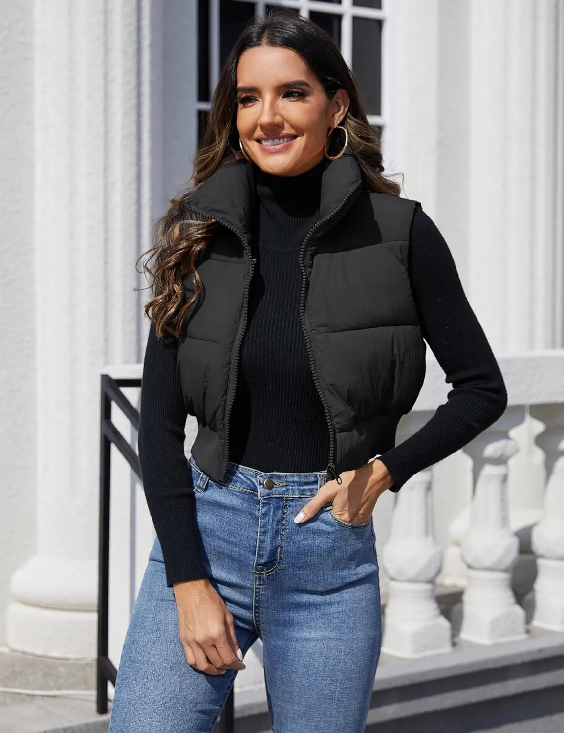 Dqbeng Cropped Puffer Vest Women Zip Up Stand Collar Sleeveless Outerwear Padded Crop Puffy Vests