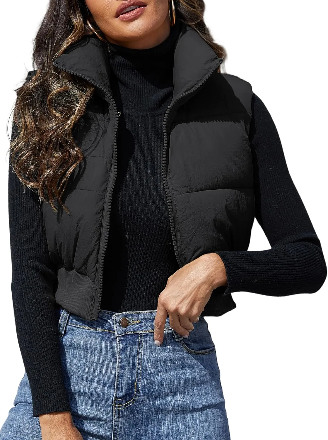 Dqbeng Cropped Puffer Vest Women Zip Up Stand Collar Sleeveless Outerwear Padded Crop Puffy Vests
