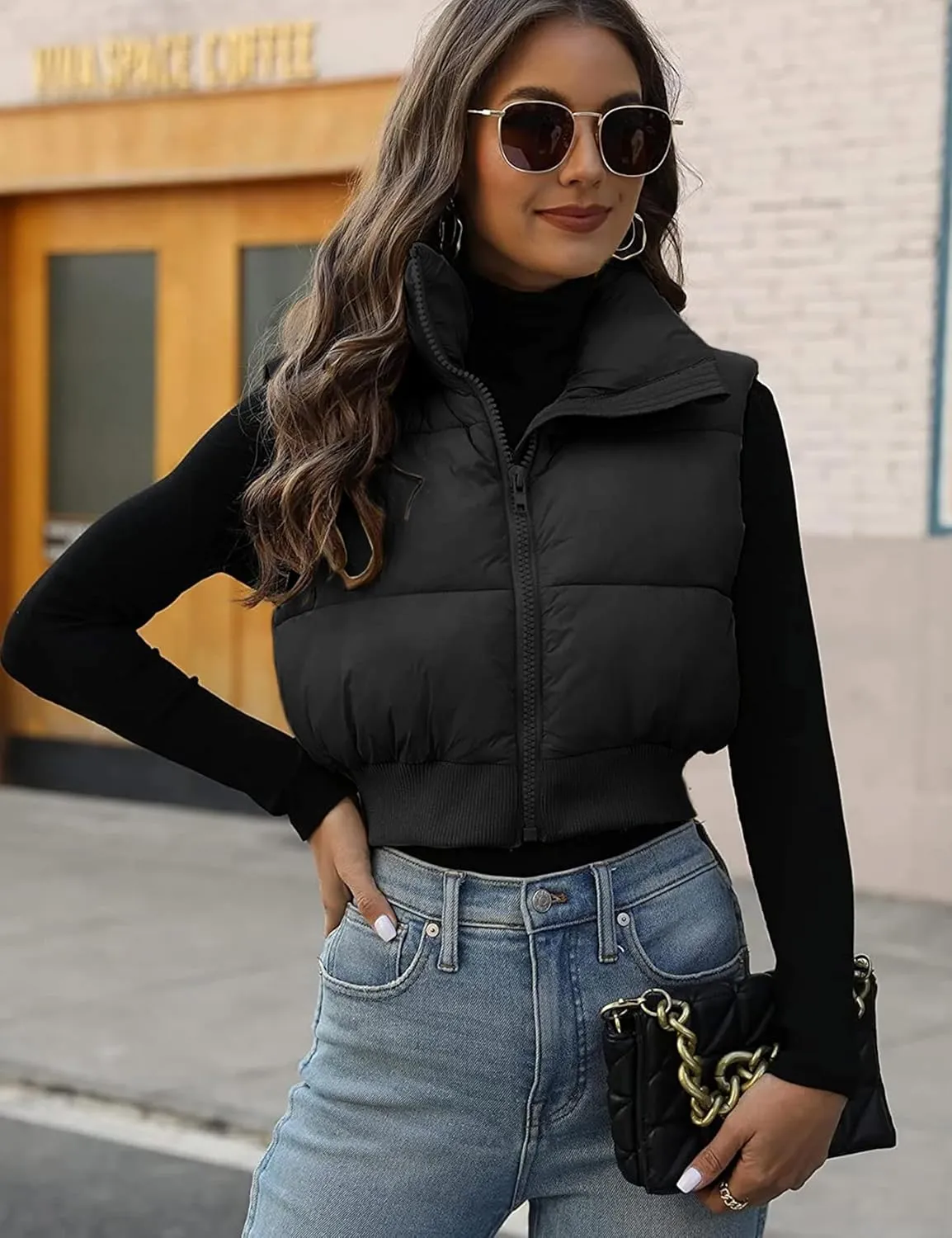 Dqbeng Cropped Puffer Vest Women Zip Up Stand Collar Sleeveless Outerwear Padded Crop Puffy Vests