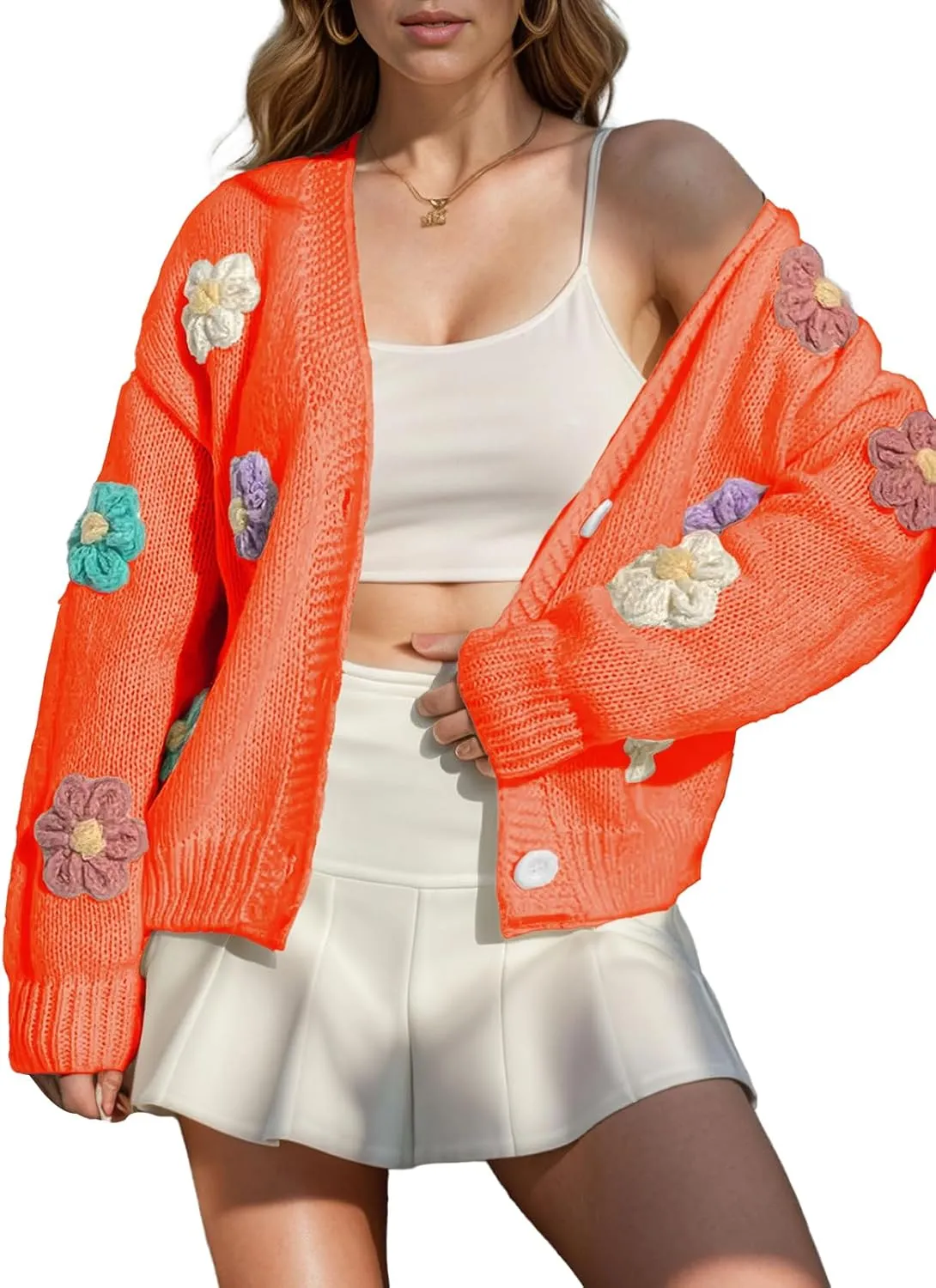 ebossy Women's Ribbed Knit Cardigans Embroidery Aesthetic Pretty Flowers Applique Button Up Sweater Coat
