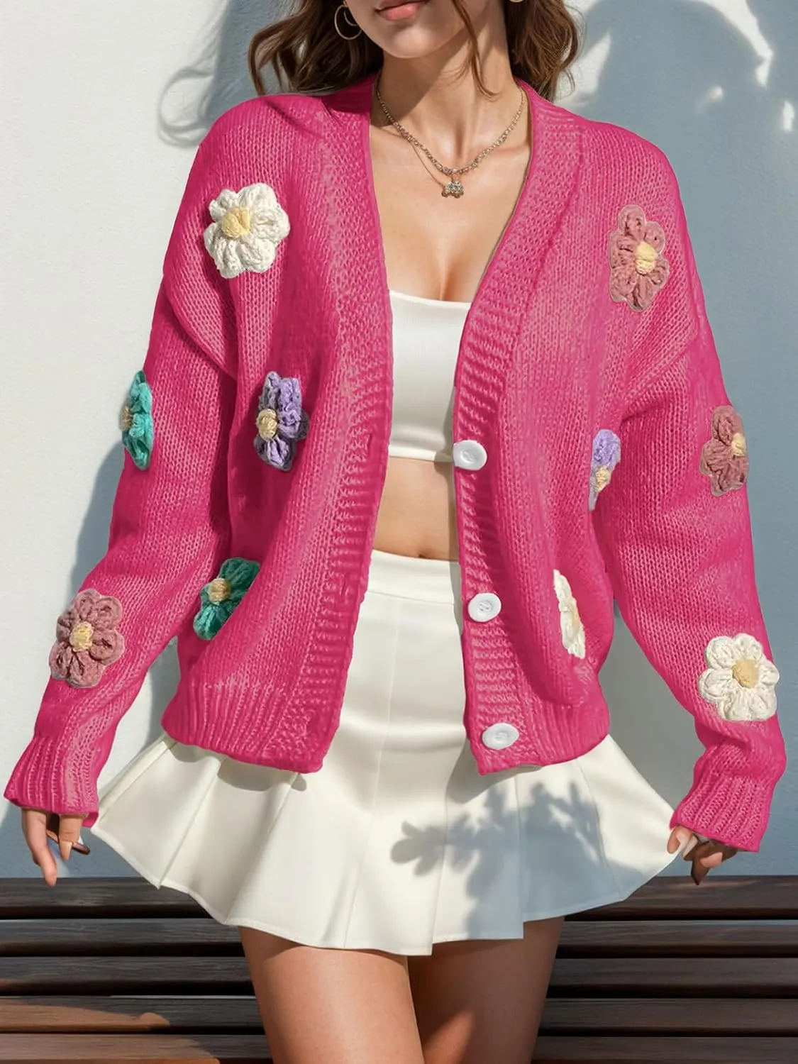 ebossy Women's Ribbed Knit Cardigans Embroidery Aesthetic Pretty Flowers Applique Button Up Sweater Coat