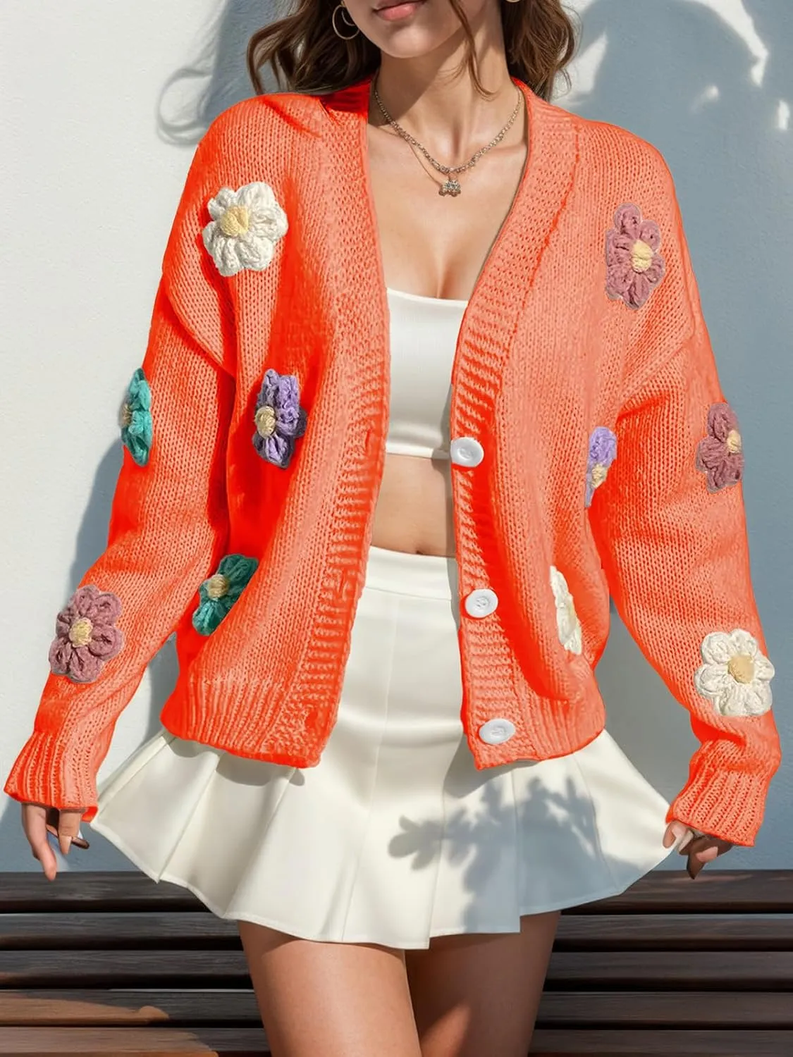 ebossy Women's Ribbed Knit Cardigans Embroidery Aesthetic Pretty Flowers Applique Button Up Sweater Coat