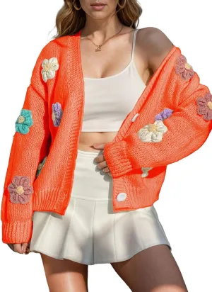 ebossy Women's Ribbed Knit Cardigans Embroidery Aesthetic Pretty Flowers Applique Button Up Sweater Coat