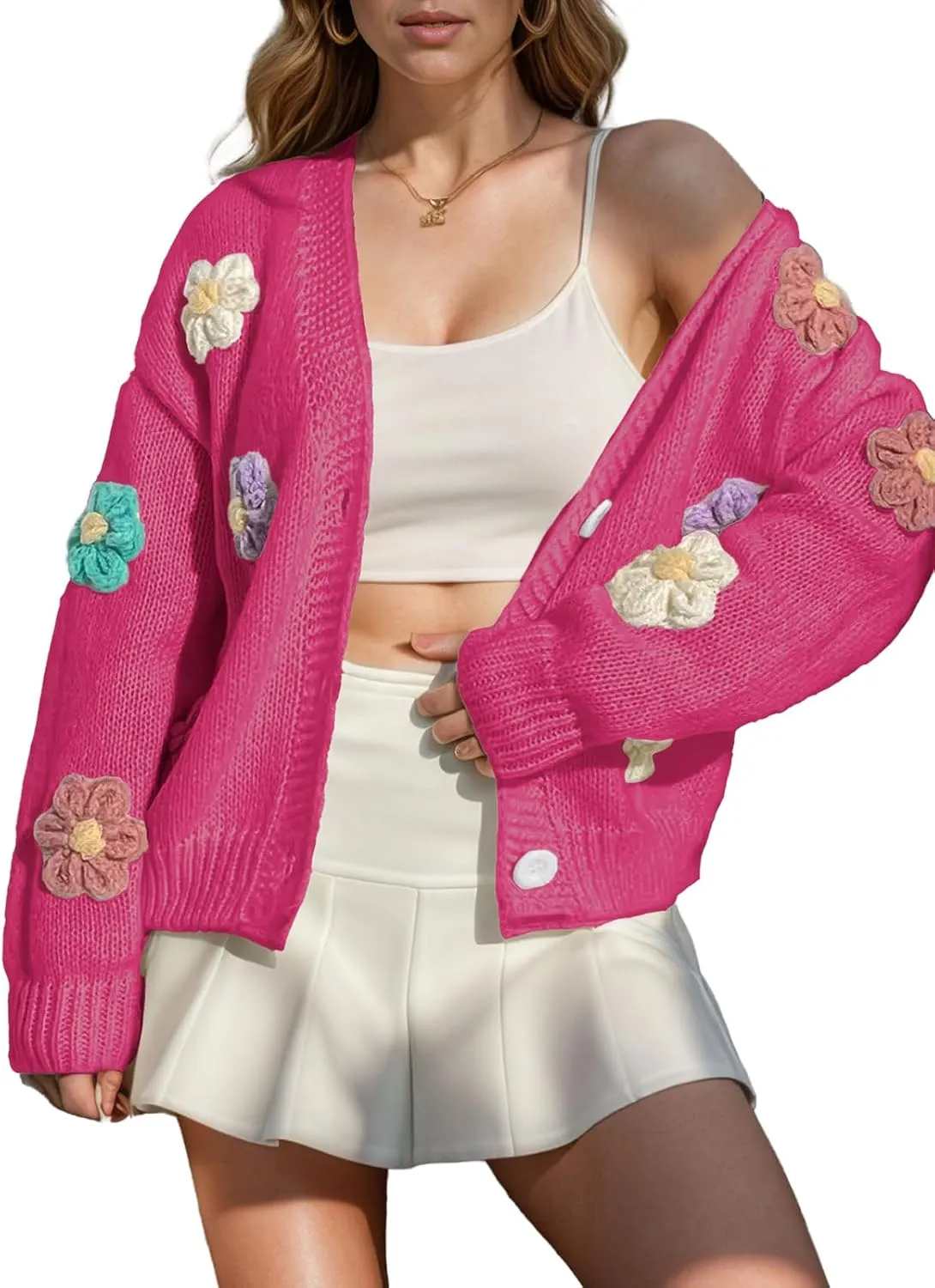 ebossy Women's Ribbed Knit Cardigans Embroidery Aesthetic Pretty Flowers Applique Button Up Sweater Coat