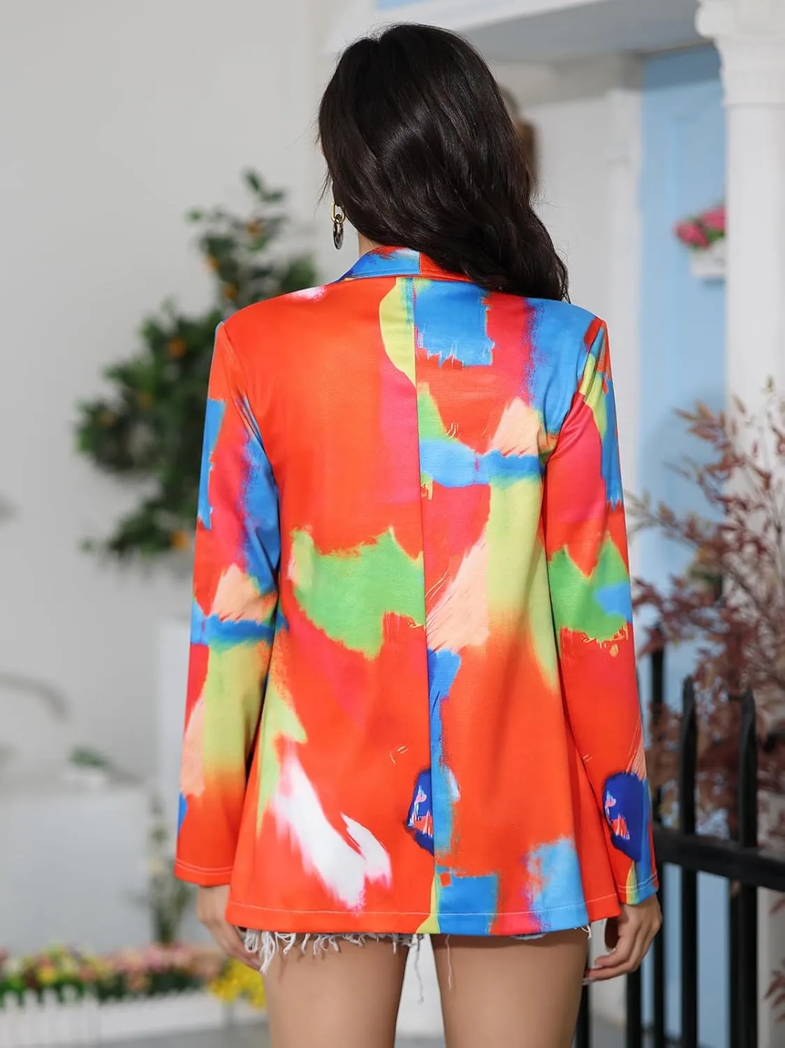 ECHOINE Women Casual Open Front Blazer Colorful Tie Dye Long Sleeve Jackets Suit Multicolored Cardigan