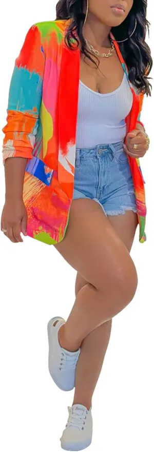 ECHOINE Women Casual Open Front Blazer Colorful Tie Dye Long Sleeve Jackets Suit Multicolored Cardigan